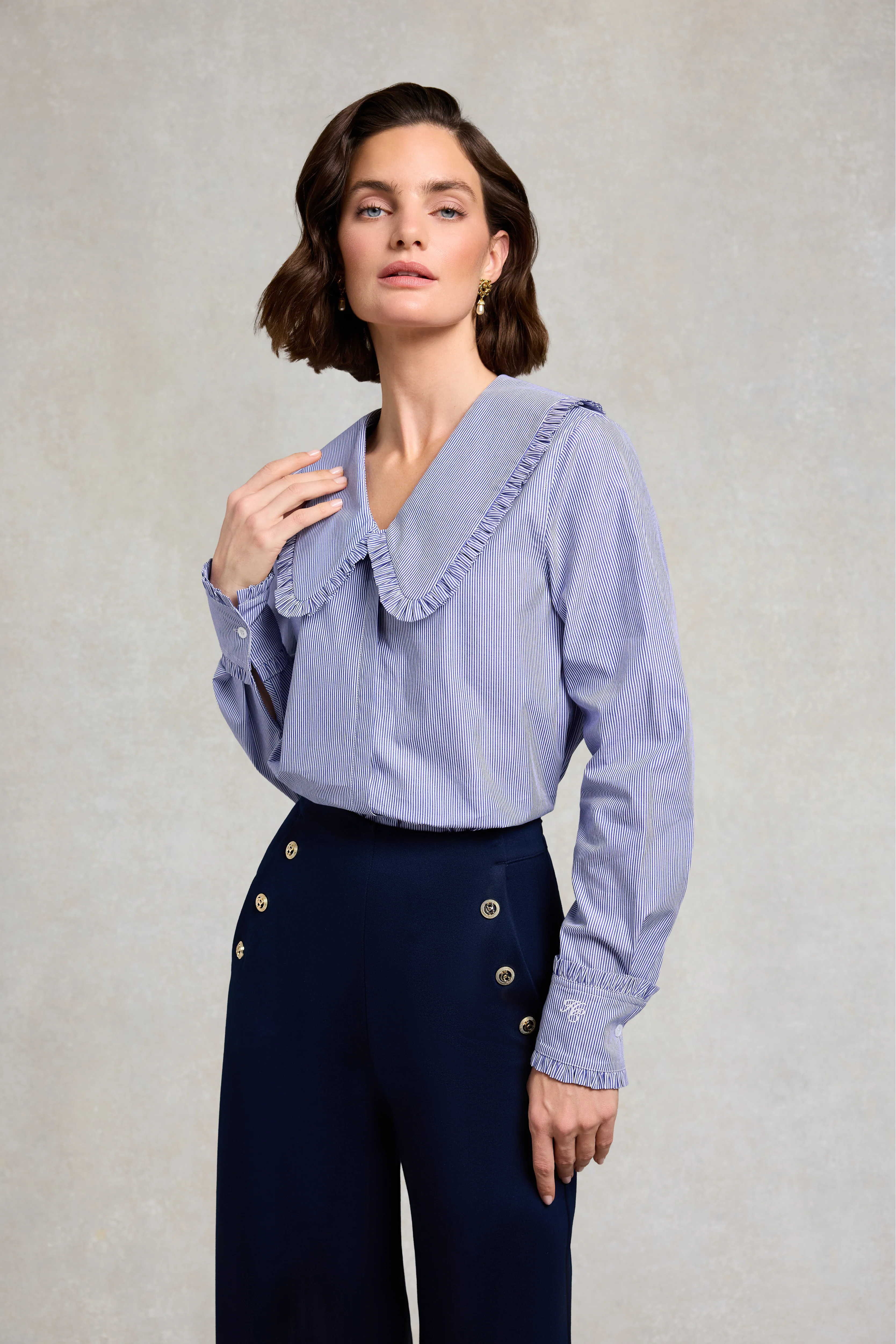 Clementine Ruffle Collar Shirt (Yacht Blue Stripe) - Image 3