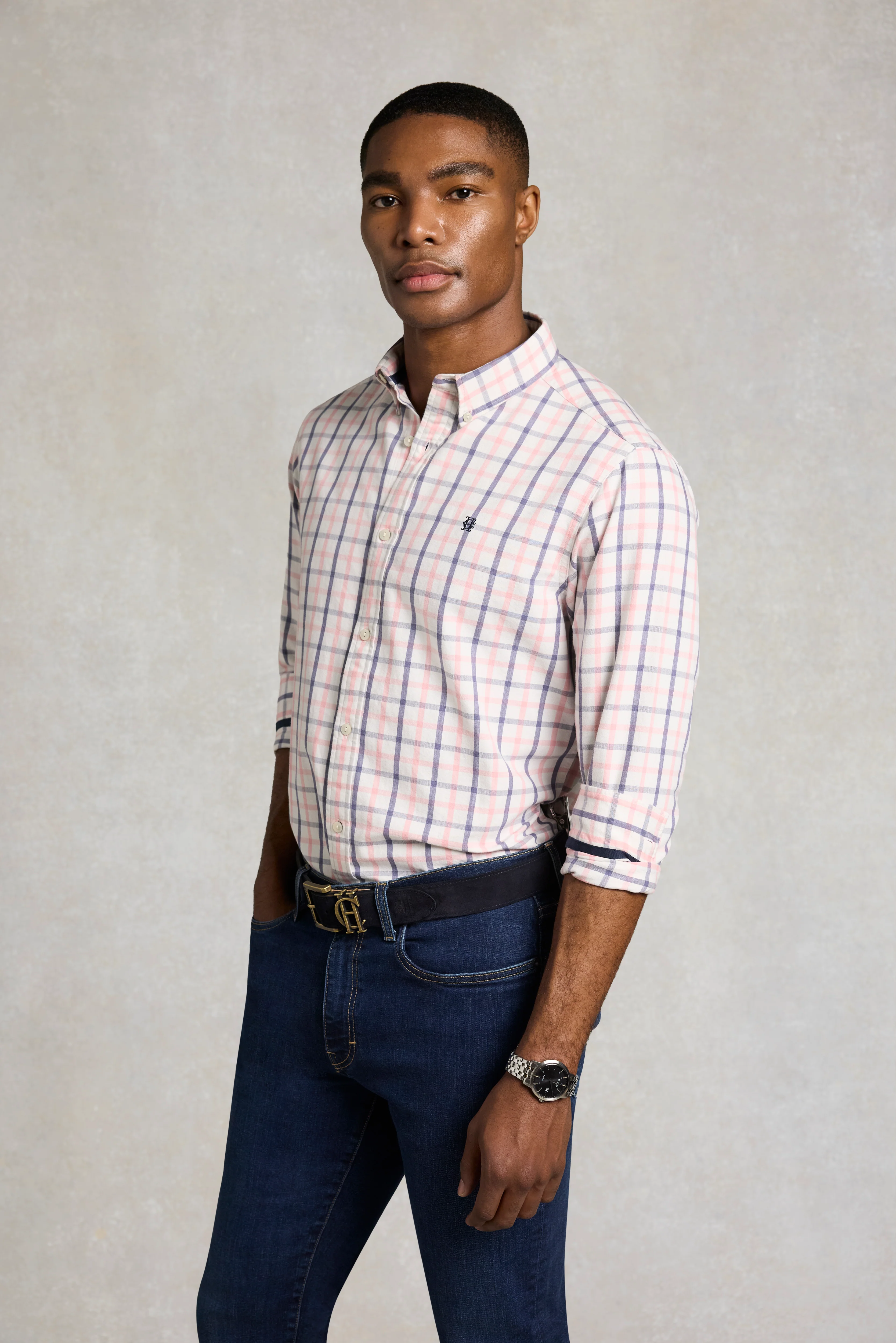 Men's Relaxed Fit Button Down Shirt (Bourton Pink Check) - Image 3